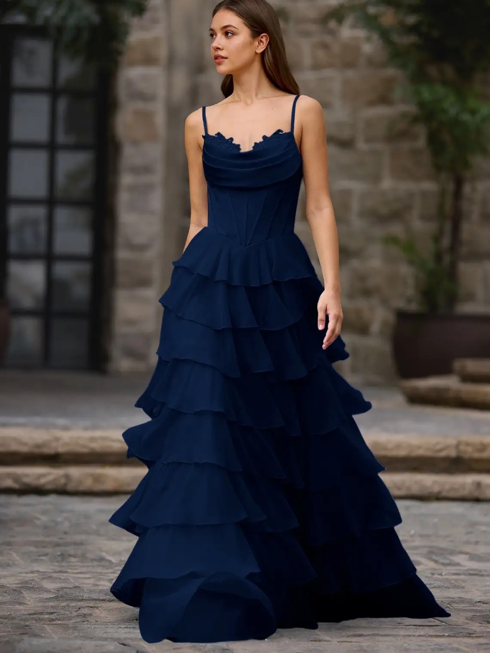 Azazie Navy Tiered Ruffle Evening Gown - Elegant Spaghetti Strap Dress